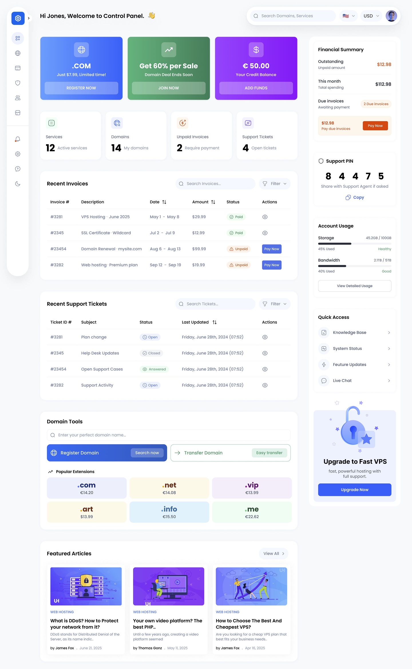Original hosting dashboard